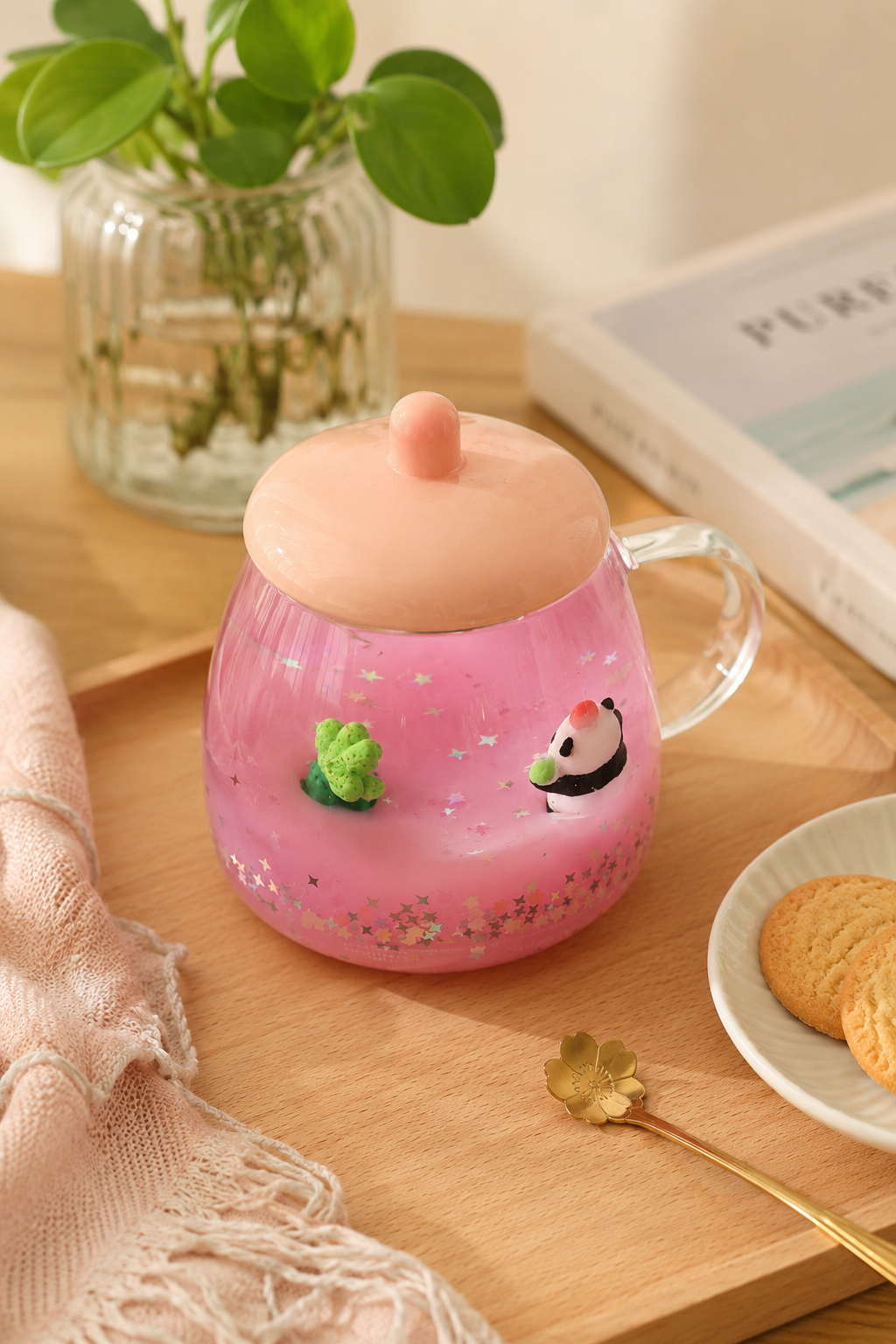 Kawaii Panda Glitter Glass Mug with Lid – Cute Pink Aesthetic Coffee & Milk Cup