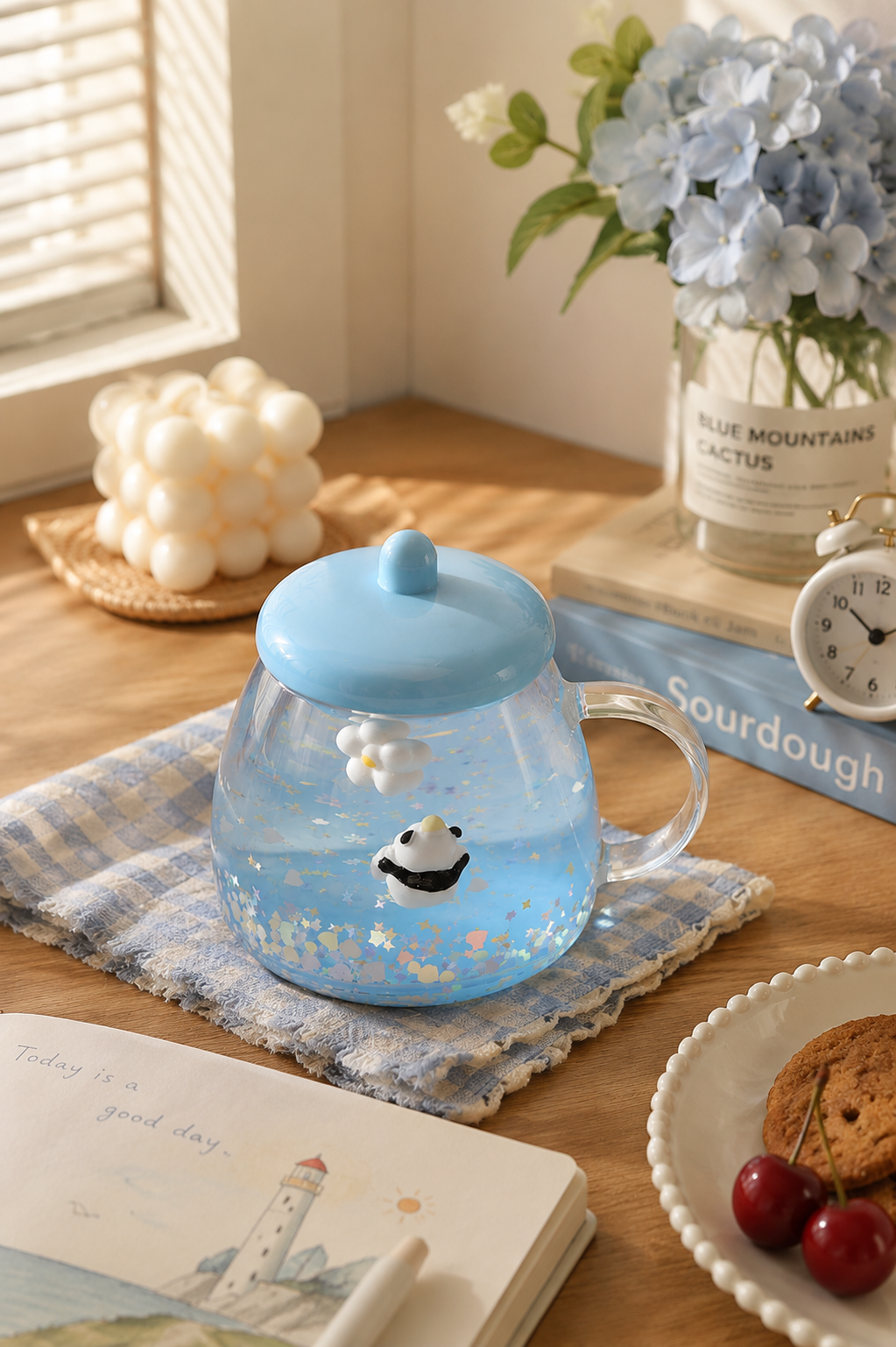 Cute Panda Glitter Glass Mug with Lid – Aesthetic Coffee Cup for Girls & Desk Decor