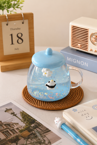 Cute Panda Glitter Glass Mug with Lid – Aesthetic Coffee Cup for Girls & Desk Decor