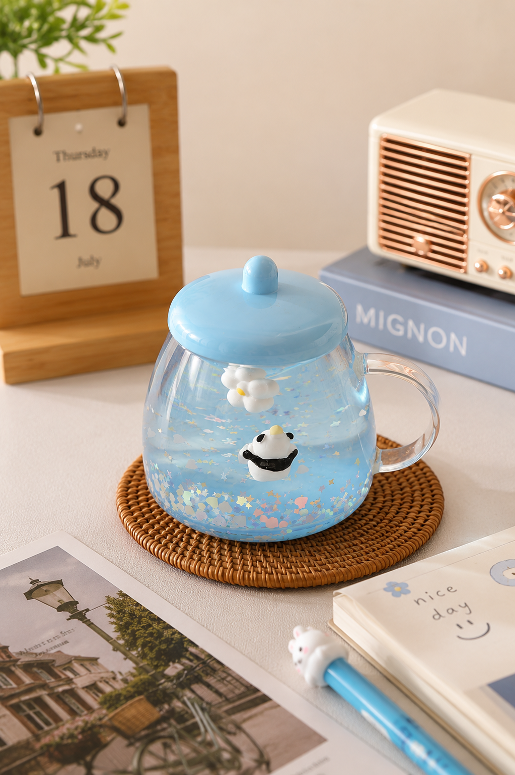 Cute Panda Glitter Glass Mug with Lid – Aesthetic Coffee Cup for Girls & Desk Decor