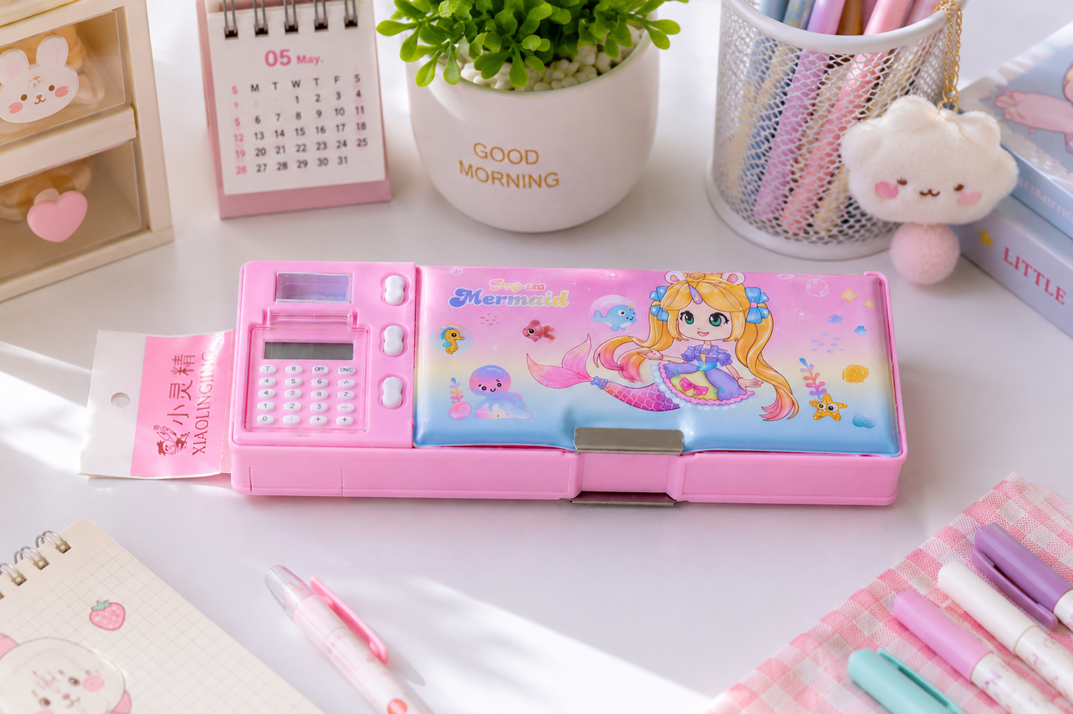 Mermaid stationery case with built-in calculator for girls – Citydrop