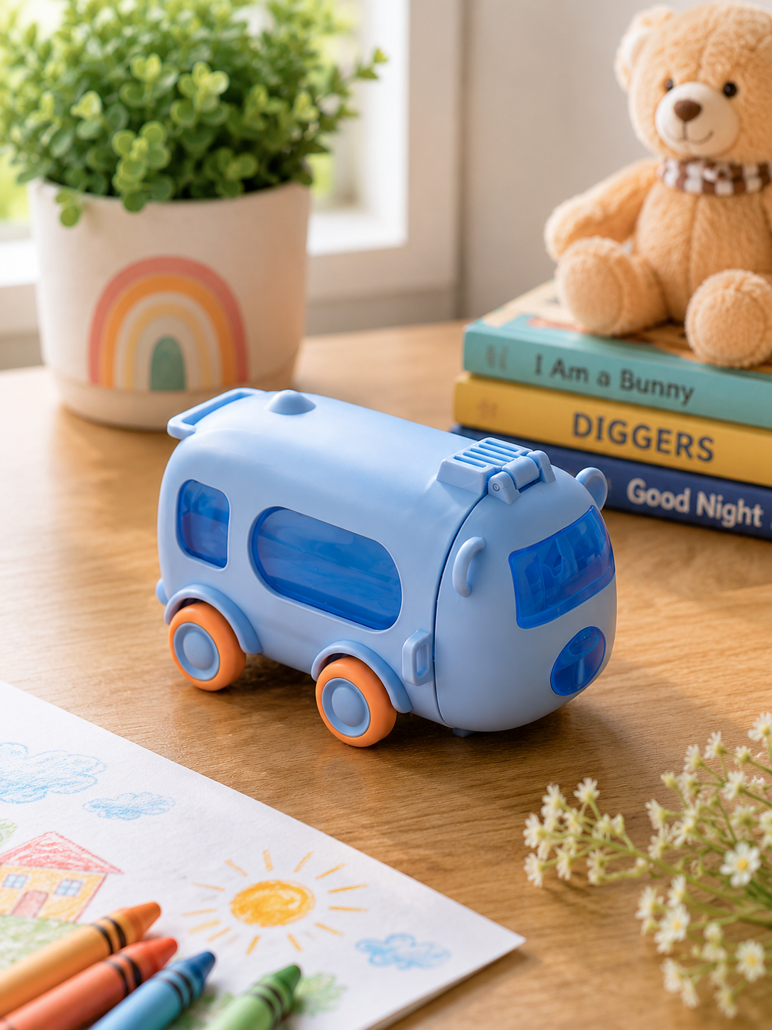 Blue cartoon bus shaped kids water bottle with straw India – Citydrop