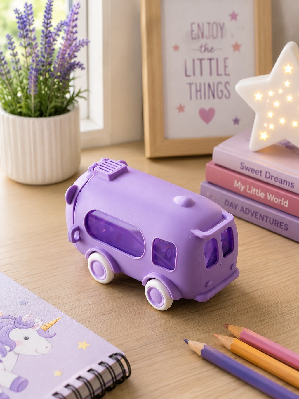 Purple bus cartoon kids water bottle school travel India – Citydrop