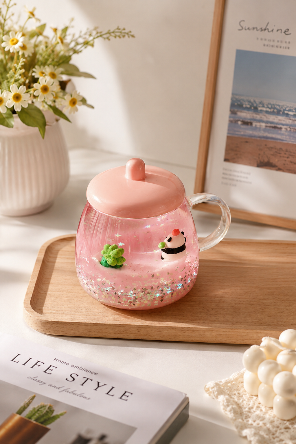 Kawaii Panda Glitter Glass Mug with Lid – Cute Pink Aesthetic Coffee & Milk Cup
