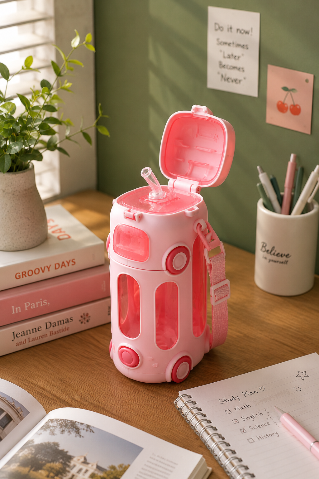 Pink bus shaped school water bottle for girls India – Citydrop