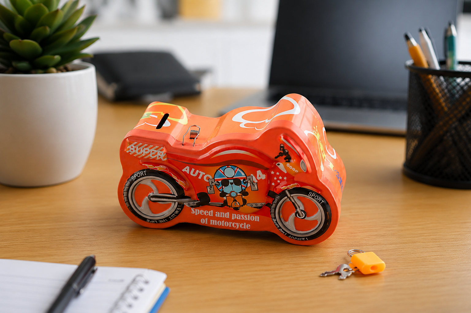 Red racing bike piggy bank with lock key for kids India – Citydrop