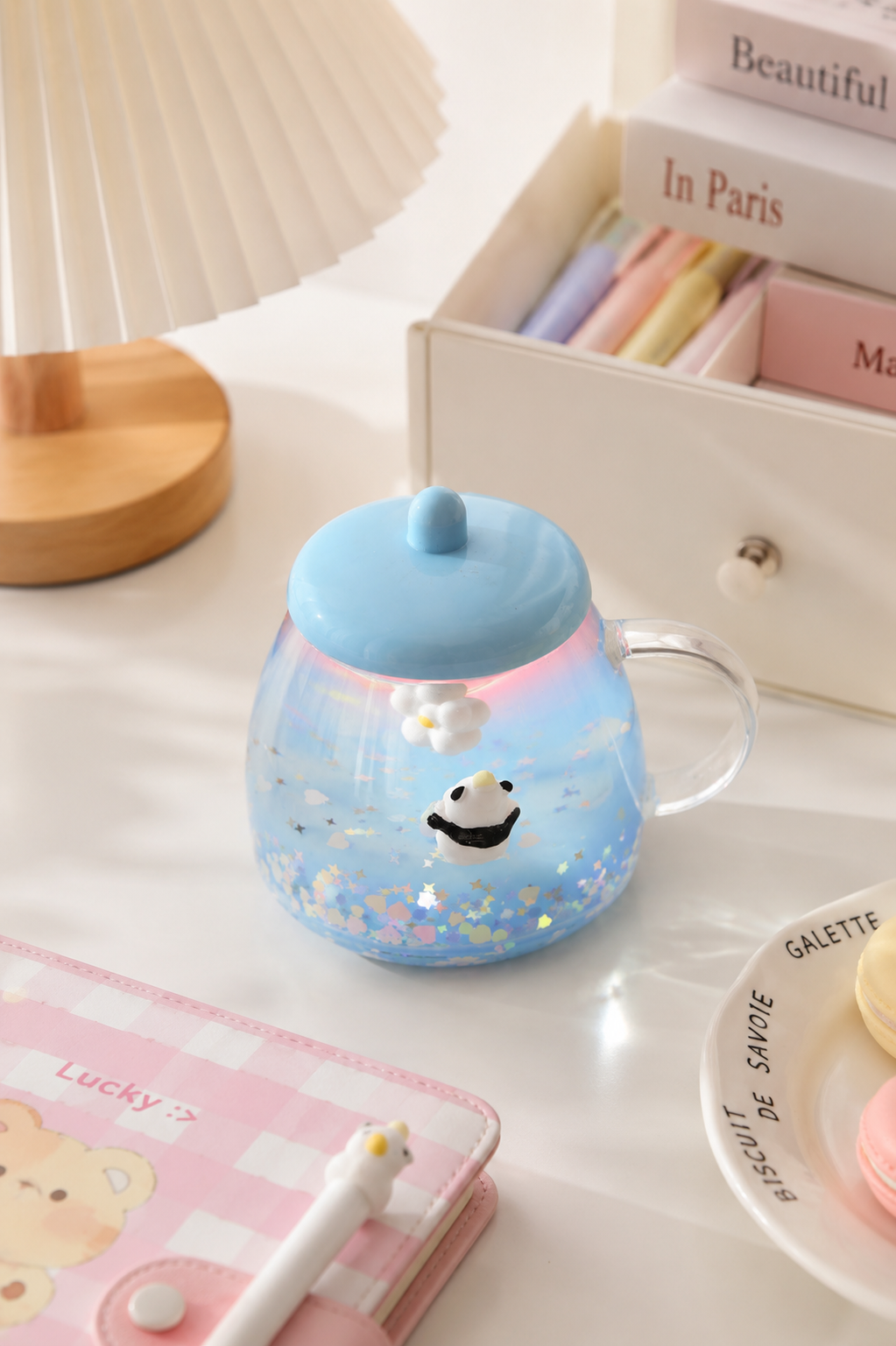 Cute Panda Glitter Glass Mug with Lid – Aesthetic Coffee Cup for Girls & Desk Decor