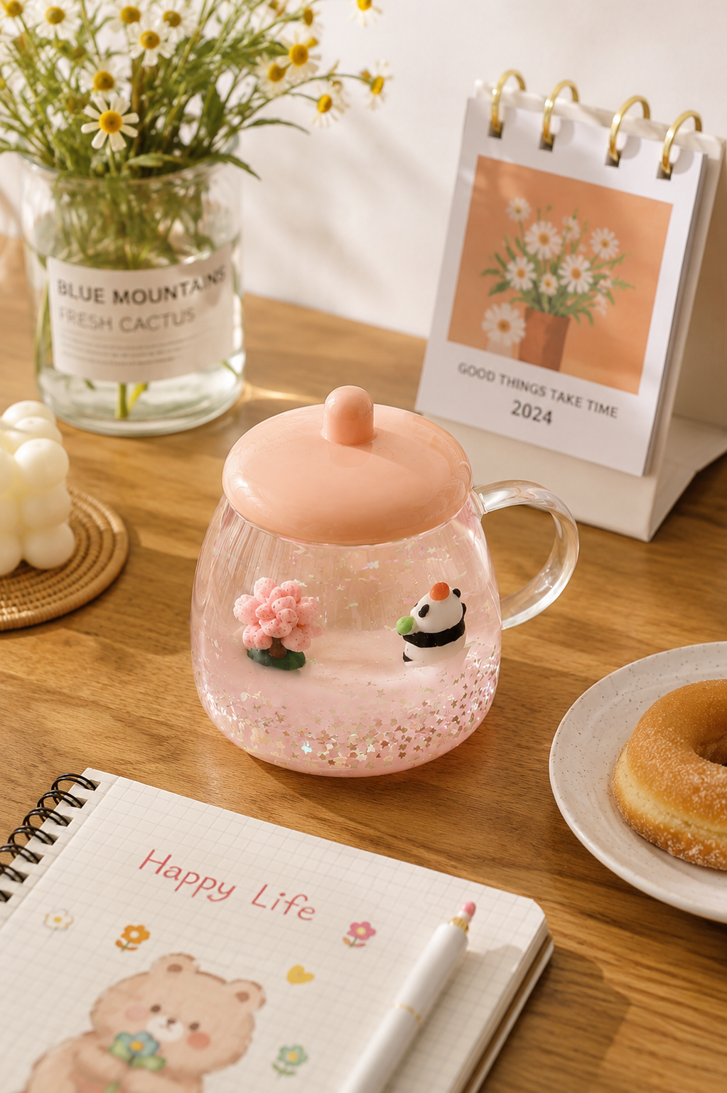 Kawaii Panda Glitter Glass Mug with Lid – Cute Pink Aesthetic Coffee & Milk Cup