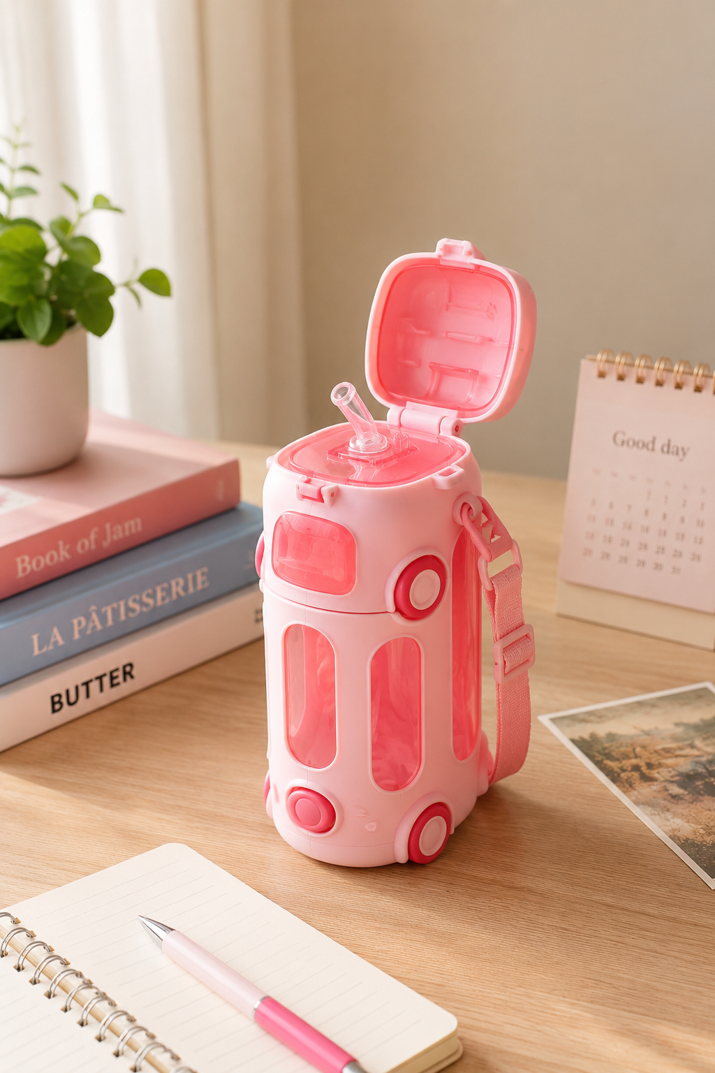BPA-free pink bus bottle with straw carry strap for girls India – Citydrop