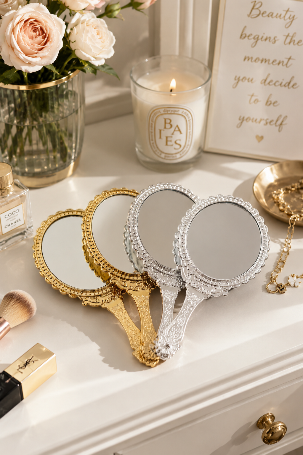 Vintage Royal Handheld Makeup Mirror – Luxury Princess Vanity Mirror for Women