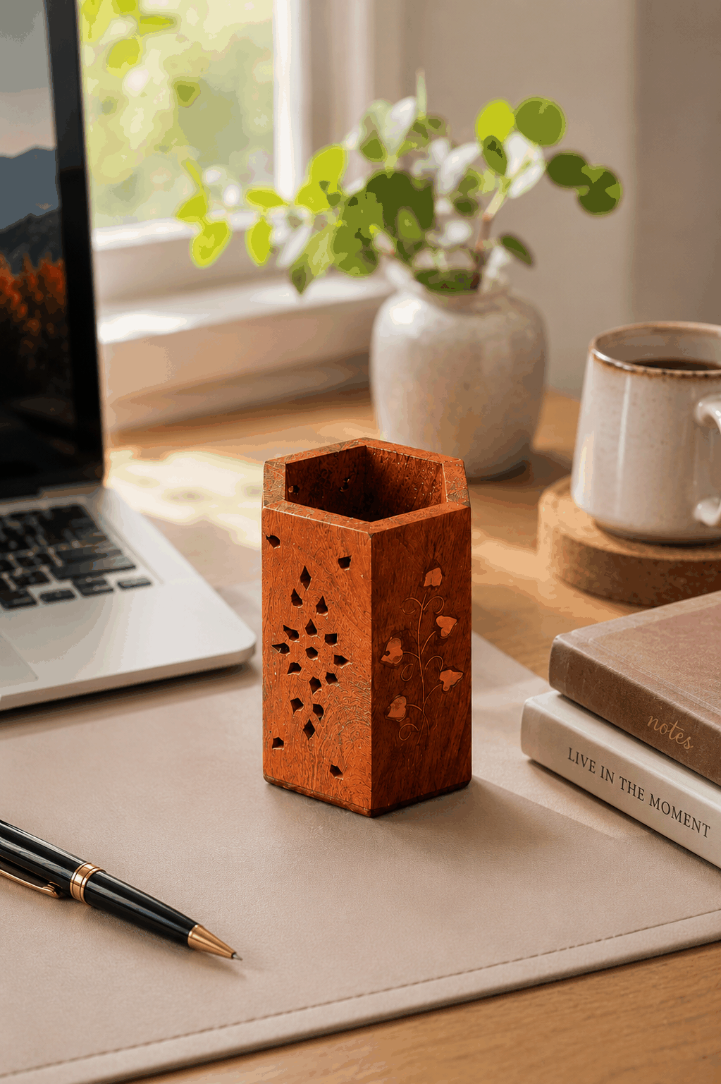 Handcrafted Wooden Pen Holder – Luxury Desk Organizer for Office & Study Table