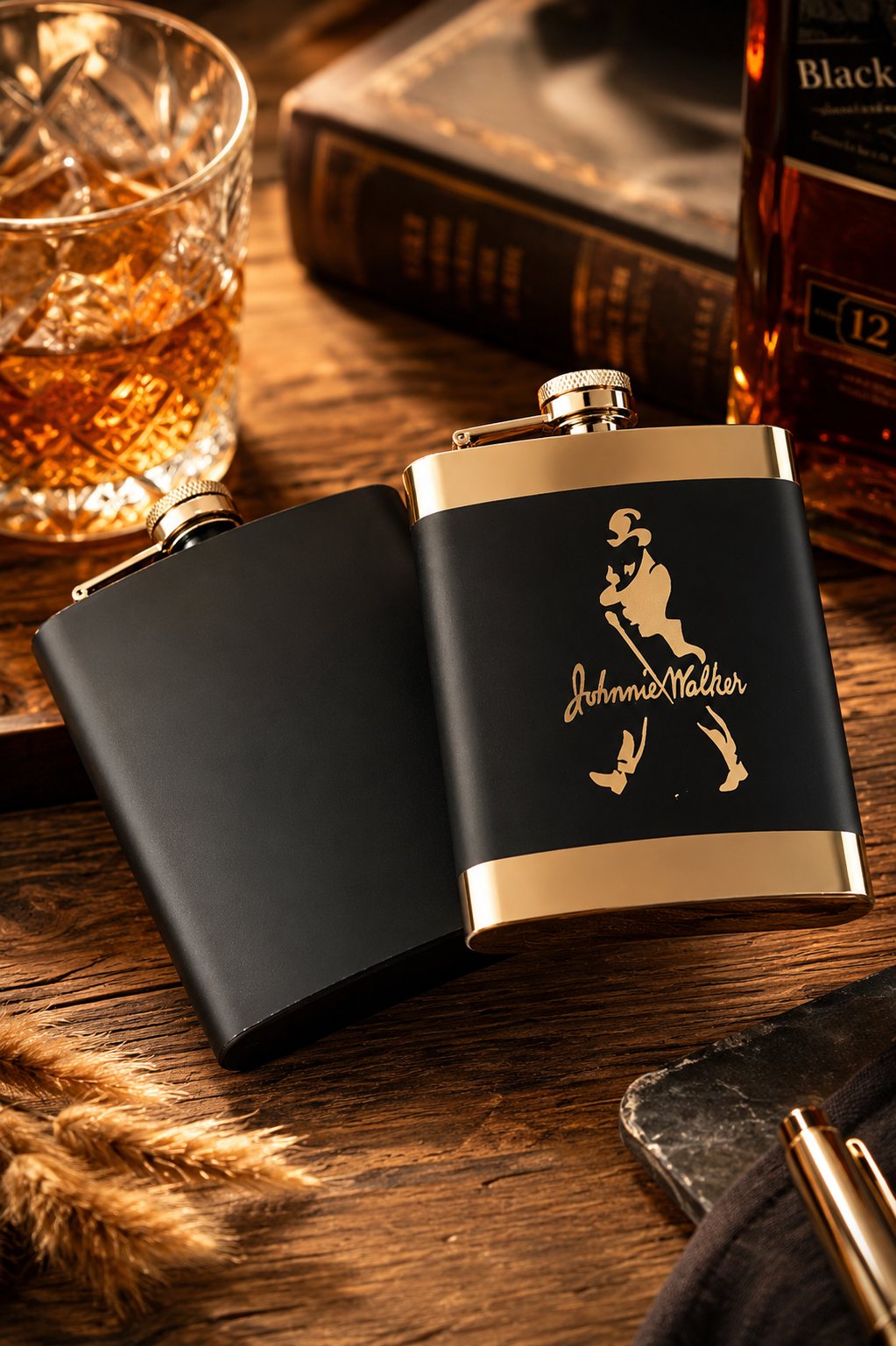 Elegant Black & Gold Hip Flask – Portable Alcohol Flask