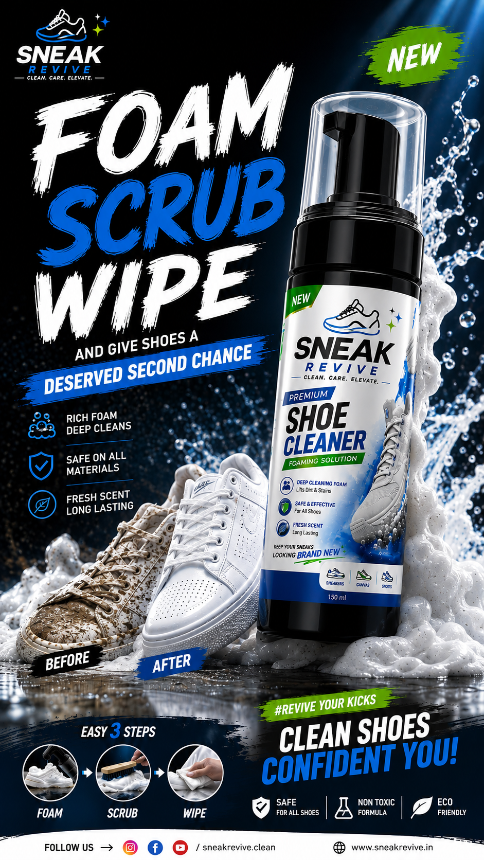 Sneak Revive Foaming Shoe Cleaner Spray - Deep Clean Solution for Sneakers, Canvas, Sports & Leather Shoes (150ml)