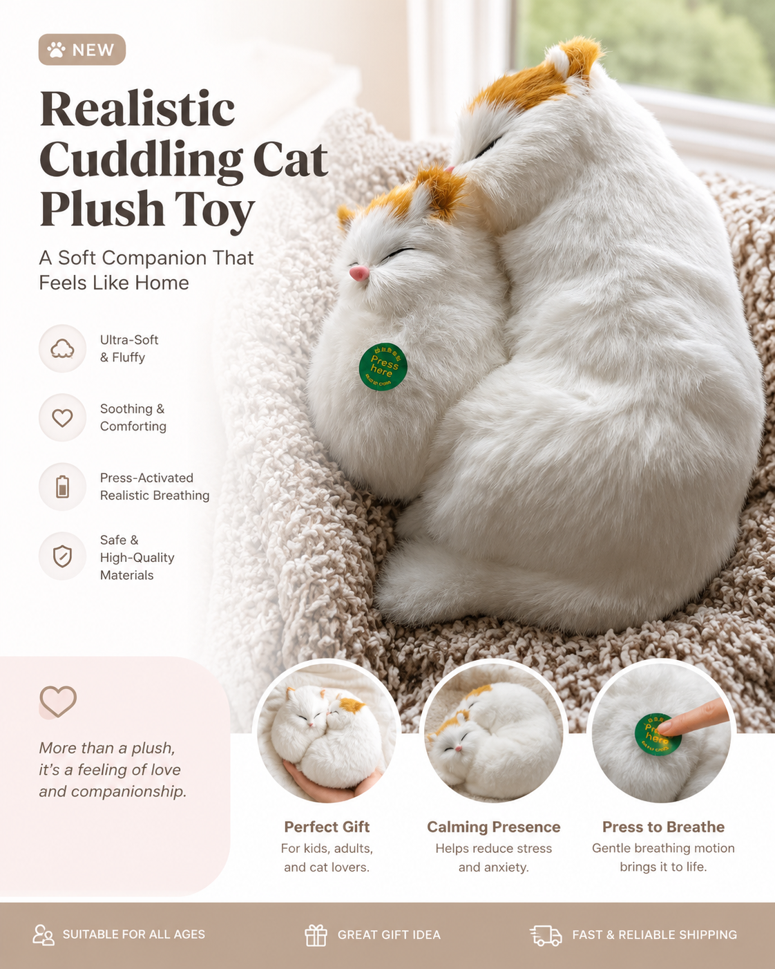 Cute Interactive Sleeping Cat L Plush Cushion – Soft Fur Comfort Toy for Kids & Cat Lovers