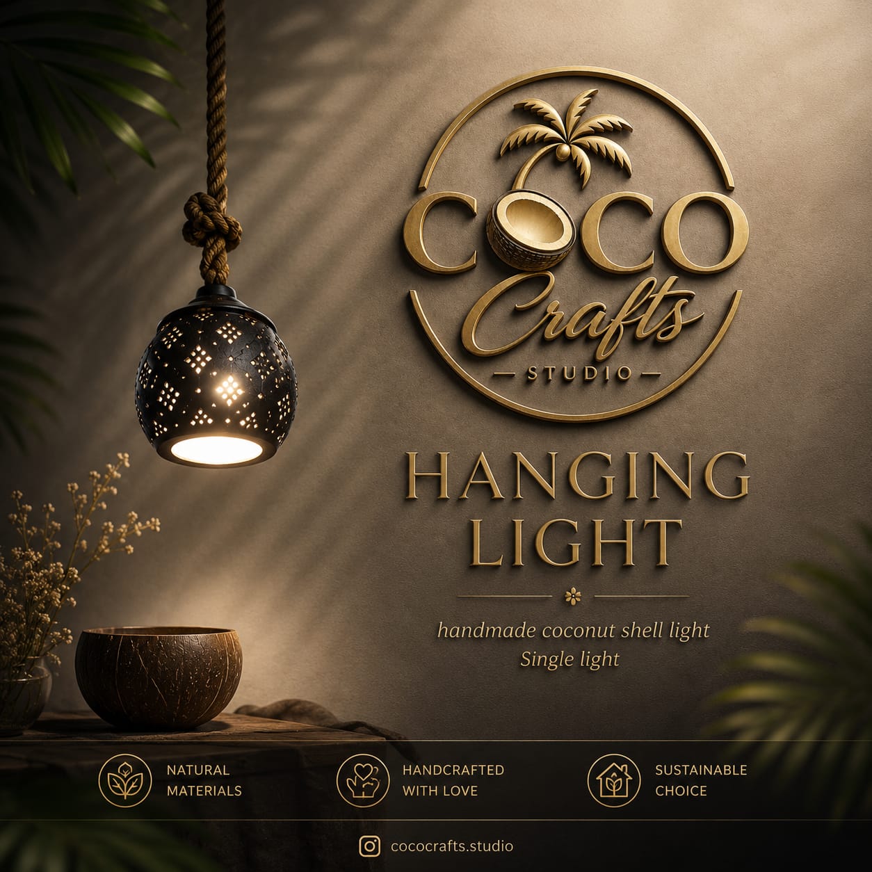 Coconut Shell Hanging Light – Handmade Boho Pendant Lamp (Single)