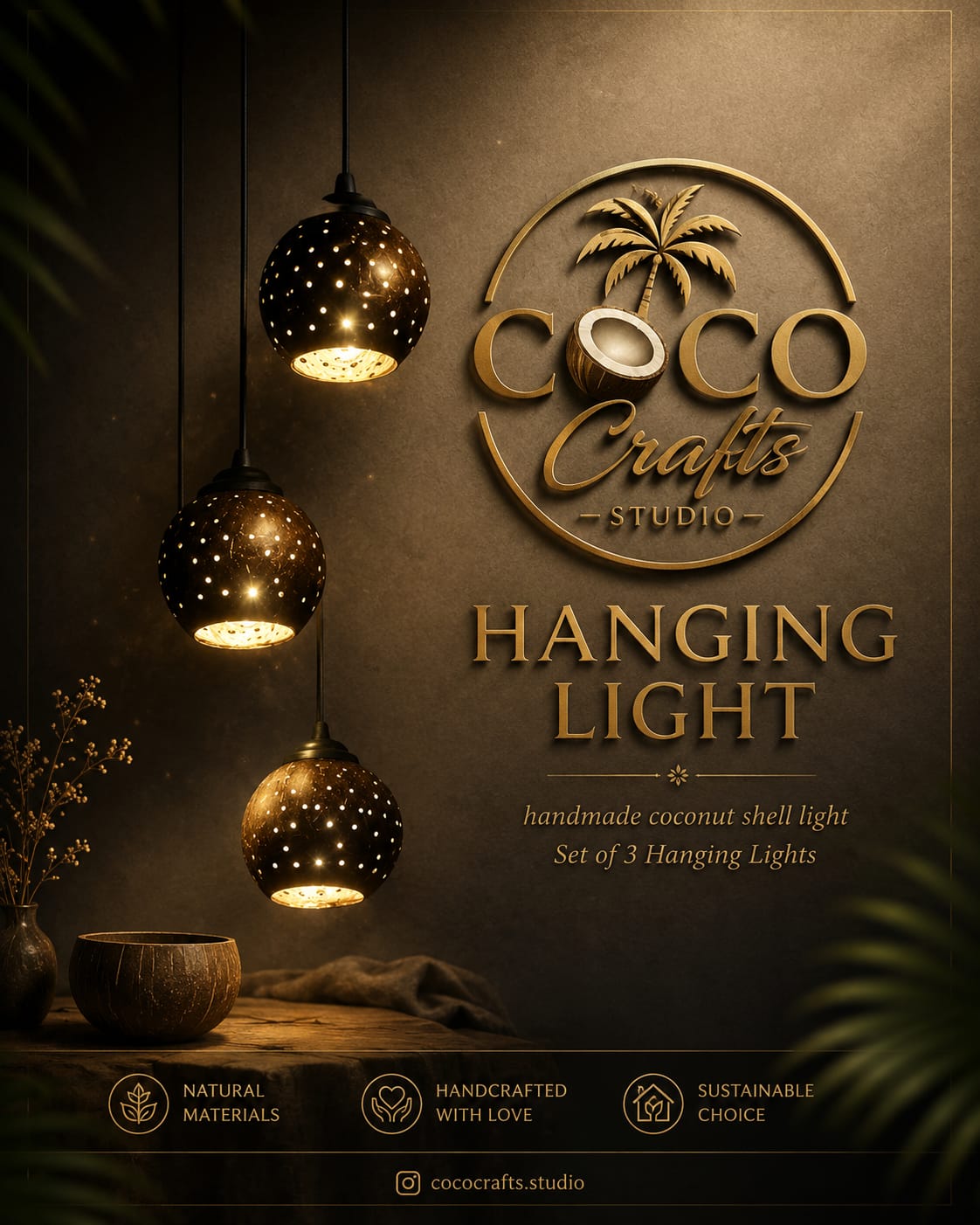 Coconut Shell Hanging Lights Handmade Boho Pendant Lamp Set of 3