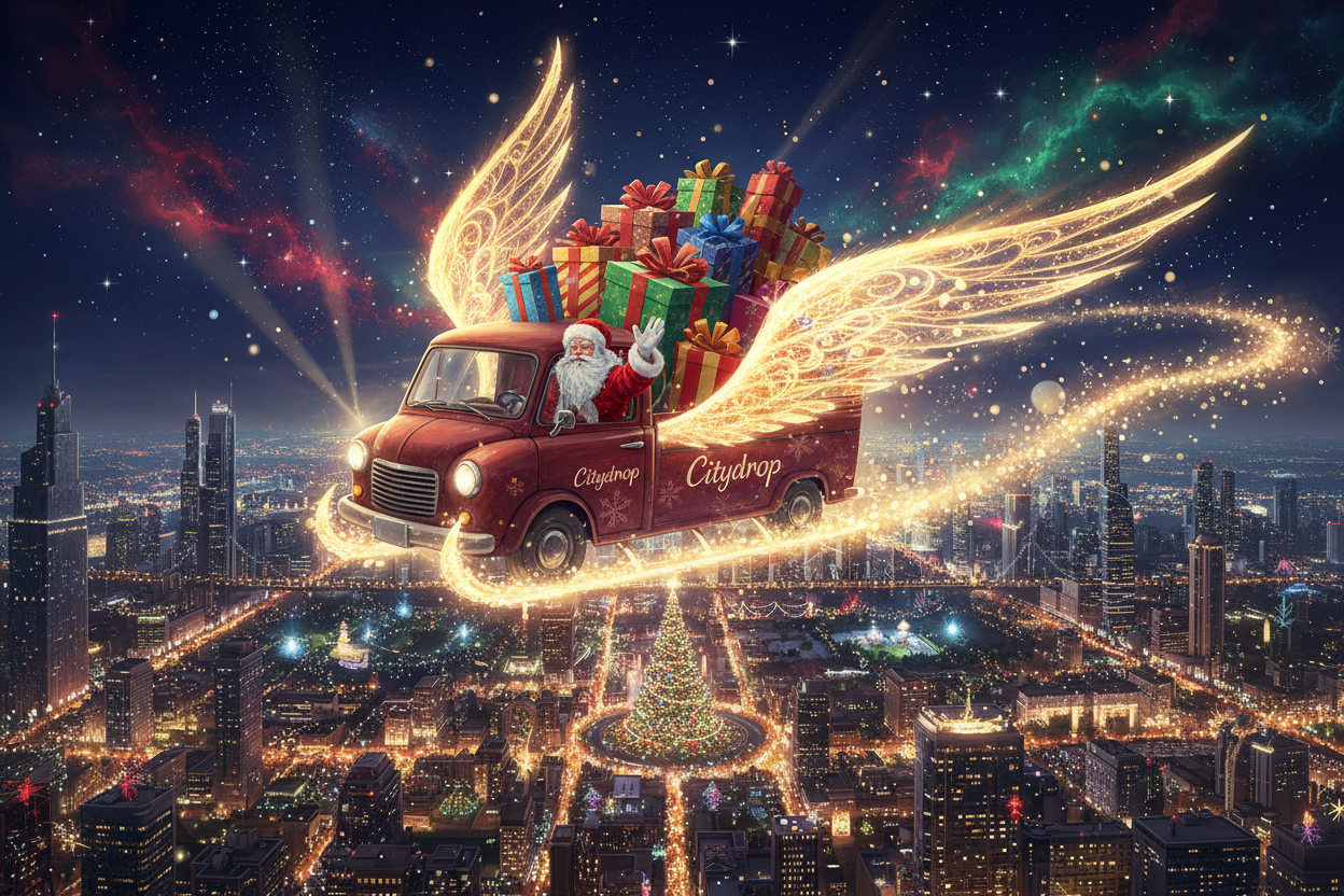 Santa coming to city to drop x mas gift wrapped with citydrop logo name by a van with wings 